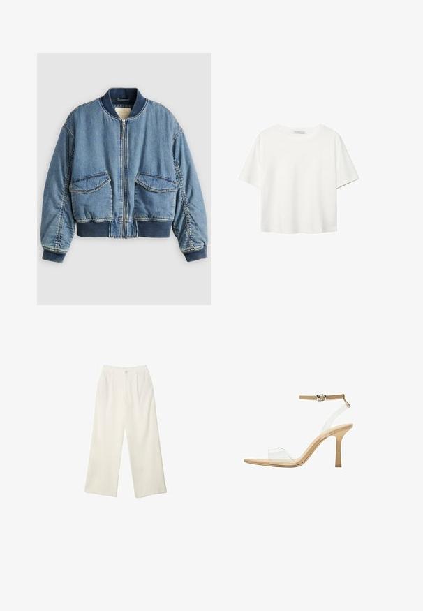 Denim bomberjakke i lyseblå med ribstrikkede manchetter og krave. Har to frontlommer med lapper og lynlåslukning. Tekstureret denimstof.; Hvid kortærmet t-shirt lavet af bomuld. Har en rund halsudskæring og en afslappet pasform. Glat tekstur uden synlige mønstre eller detaljer.; Bredde bukser i cremefarvet stof med en glat tekstur, der har en enkelt knap foran, diskrete folder og design med høj talje.; Klart hælet sandal med en gennemsigtig overdel, beige fodseng og en slank ankelrem. Har en spids tå og en tynd høj hæl.