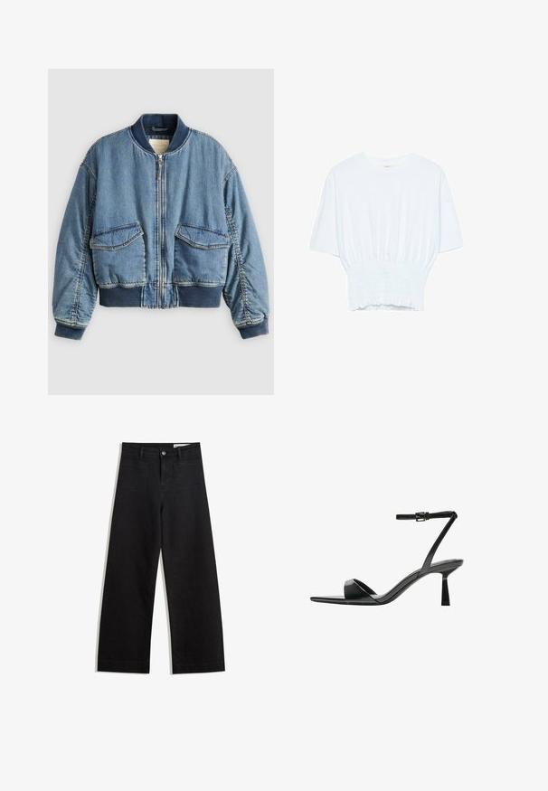 Denim bomber jakna v svetlo modri barvi z rebrastimi manšetami in ovratnikom. Ima dva sprednja žepa z našitki in zadrgo. Teksturirana džins tkanina.; Bela majica s kratkimi rokavi sproščenega kroja in z gubanim materialom na pasu. Narejena iz mehkega, lahkega blaga.; Črne široke denim hlače z visokim pasom, ki imajo sprednje in zadnje žepe, šivane šive ter gumbasto zapiranje. Gladka tekstura.; Bershka Sandali z visoko peto - black