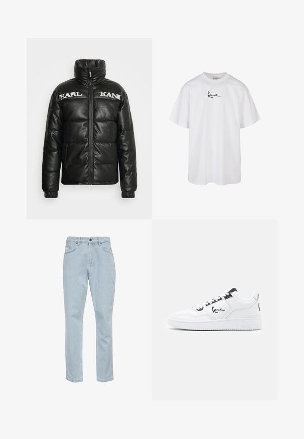 Čierna puffa bunda z umelej kože, s vysokým golierom, zipsom a elastickými manžetami. Na hrudi sú logá "KARL" a "KAN".; Biela bavlnená tričko s okrúhlym výstrihom a krátkymi rukávmi, s čiernym vyšitým logom umiestneným na hrudníku.; Svetlomodré denimové džínsy so strihom rovného nohavice, piatimi vreckami a kovovým zapínaním. Hladká textúra a jemné blednuté detaily.; Biele kožené tenisky s čiernymi akcentmi, ktoré majú podpisové logo na boku, okrúhly špičku a textúrovanú gumovú podrážku.