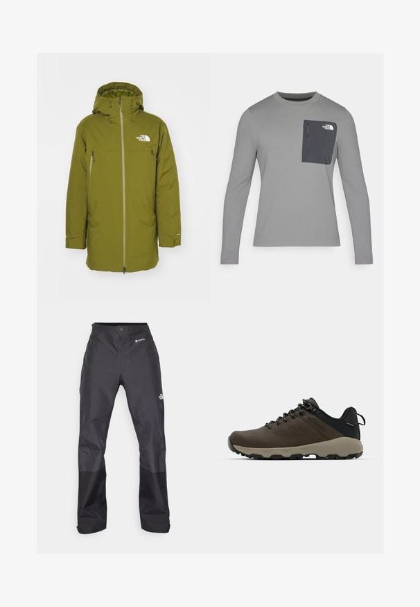The North Face RANGE PARKA - Kaput ispunjen paperjem - forest olive; Siva košulja dugih rukava od teksturiranog materijala, s tamnosivom džepom na prsima i zatvaranjem na patentni zatvarač. Na džepu je logo u bijeloj boji.; Crne vodootporne hlače s glatkom teksturom, s GORE-TEX logotipom sprijeda i ojačanim donjim dijelovima nogavica za izdržljivost.; Smeđe vodootporne tenisice s teksturiranom gornjom i perforiranim detaljima, crnom potporom za petu i sivim gumiranim potplatom. Čipke su stilizirane s metalnim krajevima.
