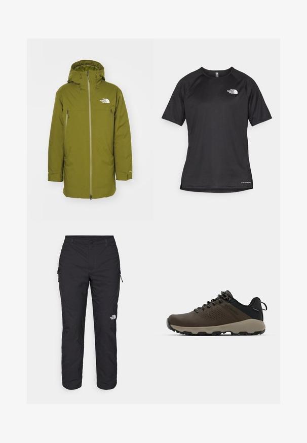 The North Face RANGE PARKA - Geacă cu puf - forest olive; Tricou athletic scurt, de culoare neagră, cu un material texturat, având un logo alb pe partea stângă a pieptului și un tiv drept.; The North Face WINTER EXPLORATION TAPERED CARGO - Pantaloni outdoor - black; Adidași impermeabili maro, cu un superior texturat, accente perforate, suport pentru călcâie negru și o talpă din cauciuc gri. Șireturile au vârfuri metalice.