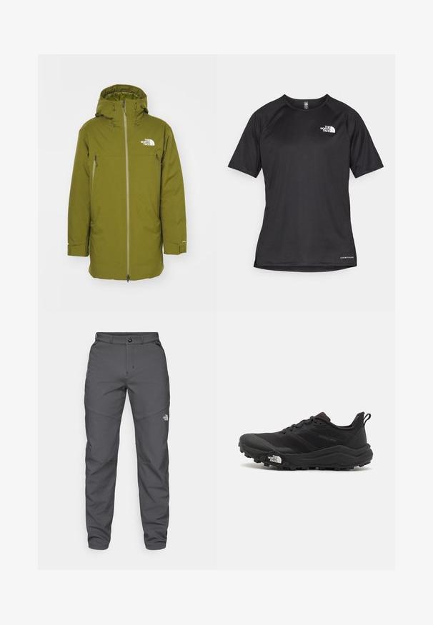 The North Face RANGE PARKA - Down coat - forest olive; Black short-sleeve athletic shirt with a textured fabric, featuring a white logo on the left chest and a straight hem.; Gray outdoor pants made of a durable fabric, featuring a button closure, belt loops, and a logo near the lower leg.; Black trail running shoe with a textured upper, rubber sole, and reinforced toe cap. Features a padded collar and pull tab for easy wear.