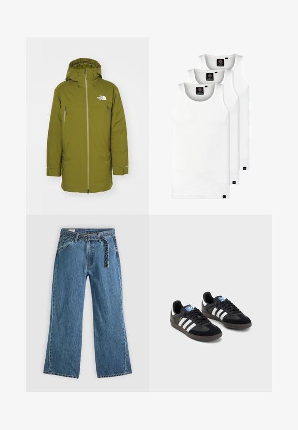 The North Face RANGE PARKA - Dūnu mētelis - forest olive; Trīs baltas ribotas krūšturi, kas izgatavoti no kokvilnas. Iezīmēti ar apaļu kakla izgriezumu un maziem melniem etiķetēm tuvu apakšmalai. Pieejami vairākos izmēros.; Zilas džinsa platās kājas bikses ar pievienotu jostu, priekšējām kabatām un redzamiem šuvumiem uz vienkārša gaiša fona.; Melnas sporta apavas ar zamšādas un sintētisku augšdaļu, ar trim baltām svītrām, teksturētu gumijas zoli un zilu logo birku uz mēles.