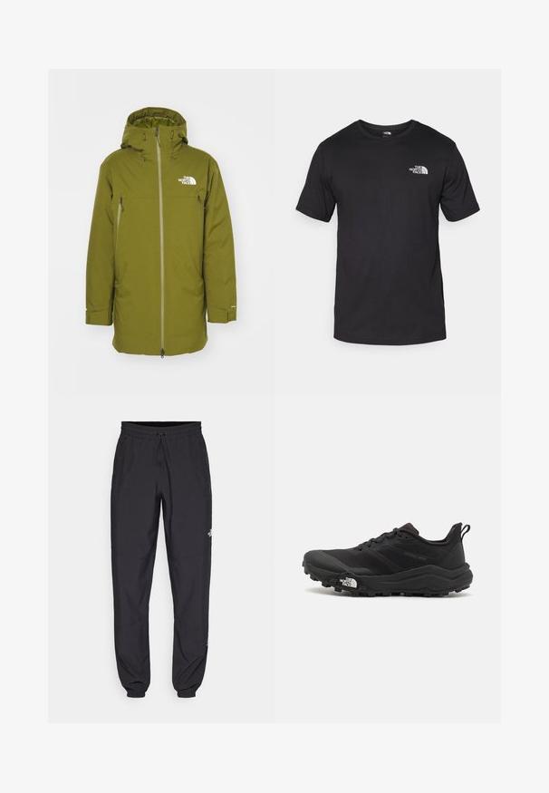 The North Face RANGE PARKA - Daunenmantel - forest olive; Schwarzes T-Shirt mit kurzen Ärmeln aus Baumwolle, mit einem runden Ausschnitt und einem kleinen weißen Logo auf der oberen linken Brust.; Schwarze Sporthosen aus leichtem Stoff, mit einem Kordelzugbund, seitlichen Taschen und schmal zulaufenden Bündchen an den Knöcheln.; Schwarzer Trailrunning-Schuh mit strukturiertem Obermaterial, Gummisohle und verstärkter Zehenkappe. Verfügt über einen gepolsterten Kragen und eine Ziehlasche für einfaches Anziehen.