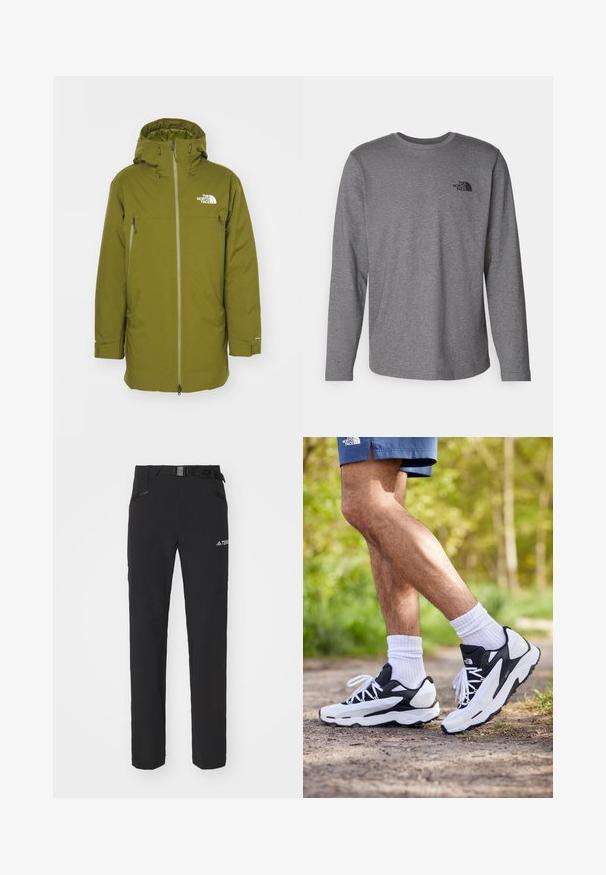 The North Face RANGE PARKA - Donsjas - forest olive; The North Face M L/S SIMPLE DOME TEE - Longsleeve - medium grey heather; Zwarte outdoorbroeken van gladde stof, met zijzakken met rits, verstevigde knieën en een verstelbare tailleband met een gesp.; Zwart-witte sportschoenen met een mesh bovenkant, tekstuuraccenten en witte veters. Draag gedragen met witte enkelsokken en marineblauwe shorts op een pad.