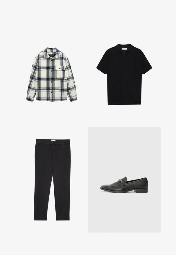 Karirano flanelna košulja u krem, mornarskoj i sivoj boji. Ima šiljati ovratnik, dugmasti zatvarač i jednu džep na prsima. Teksturirani materijal.; Crna polu-majica kratkih rukava s teksturiranim, rebrastim materijalom, s V-izrezom i ravnim rubom. Bez vidljivih logotipa ili uzoraka.; Crne pamučne hlače uskog kroja, s dva bočna džepa i prednjim zatvaranjem na dugme. Teksturirana tkanina s suptilnim detaljima.; Crna kožna loafer cipela s glatkom finišem, s ušivenim uzorkom i dekorativnim metalnim lancem preko prednjeg dijela. Ravni potplat.