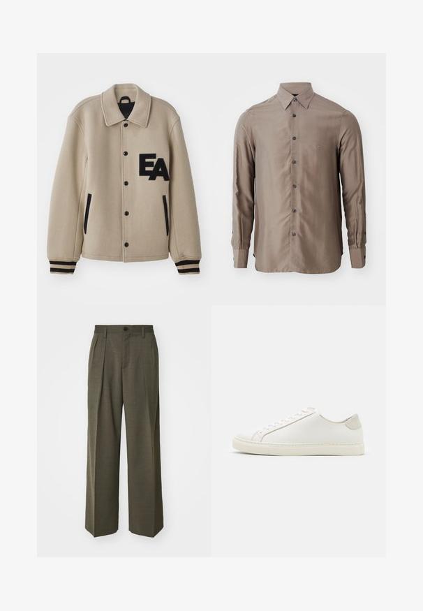 Bežs vilnas sajaukuma žakete ar teksturētu apdari, melniem akcentiem, pogām ar spiedpogu, sānu kabatām un izšūtu "EA" logotipu uz krūtīm.; Ilgi piedurkņu krekls pelēkā krāsā, izgatavots no gludas auduma, ar pogājamu priekšpusi un tumšām pogām, ar mazu logotipu uz krūšu vietas.; Filippa K WIDE TROUSERS - Auduma bikses - driftwood; Balti ādas sporta apavi ar gludu virsmu, noapaļotu purngala daļu un minimālistisku dizainu. Iezīmējas ar bežām akcentiem uz papēža un gumijas zoli.