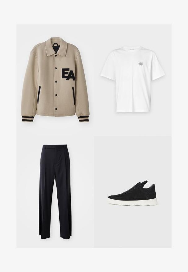 Bežna jakna iz volnene mešanice z teksturiranim zaključkom, črnimi detajli, zatiči, stranskimi žepi in vezenim logotipom "EA" na prsih.; Bela majica iz bombaža s kratkimi rokavi, okroglim izrezom in majhnim sivim logotipom na levi strani prsnega dela. Gladka tekstura.; Črne hlače visoke pasu s širokimi nogavicami, narejene iz gladkega blaga. Imajo sprednje gube in zanko za pas. Minimalističen dizajn, brez vidnih dodatkov.; Črne semiš športne copate z belo gumijasto podplatom, ki imajo toneče šive in vezalni dizajn. Gladka tekstura z modernim, poenoteno oblikovano silhueto.