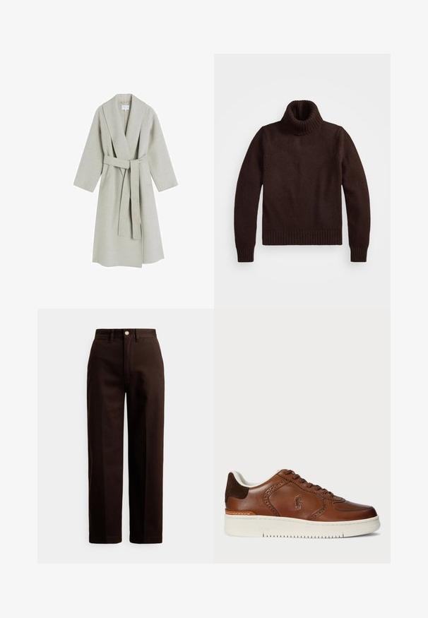 Vaaleanharmaa, pitkä villakangastakki, jossa on huivitakki kaulus, leveät hihat ja samaa materiaalia oleva vyö. Ominaisuudet minimalistisessa suunnittelussa ilman näkyviä kuvioita.; Ruskea, paksu neulepusero, jossa on korkea kaulus ja ribbireunat. Ominaisuuksiin kuuluu pitkät hihat ja rento istuvuus, valmistettu pehmeästä tekstiilimateriaalista.; Tummaanruskeat suorat housut, joissa on napit ja vetoketju, vyölenkit ja etutaskut valkoista taustaa vasten.; Nahkatossut ruskealla yläosalla, rei'itetyt tehosteet ja kontrastivärinen tummanruskea kantapääkappale. Valkoinen kumipohja ja klassinen nauhamalli.