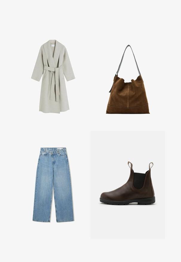 Lichtgrijze, lange wollen jas met een sjawlboord, brede mouwen en een bijpassende stoffen riem. Heeft een minimalistisch ontwerp zonder zichtbare patronen.; Navy blauwe coltrui met geribbelde textuur, brede mouwen en een ontspannen pasvorm. Zacht materiaal en minimalistisch ontwerp.; Witte overhemd met knopen gemaakt van katoen, met een borstzak en een klein geborduurd logo. Ontspannen pasvorm met een klassieke kraag en lange mouwen.; Lichtblauwe wijde jeans van denim, met een hoge taille, vijf zakken, knoopsluiting en subtiele vervaging voor textuur.; Bruine leren enkellaars met elastische zijkanten, trekriempjes en een getextureerde rubberen zool. Heeft een slank, rond te ontwerp.; Bruine suede emmer tas met een zwarte leren schouderriem, met een zachte silhouette en naaddetail aan de onderkant.