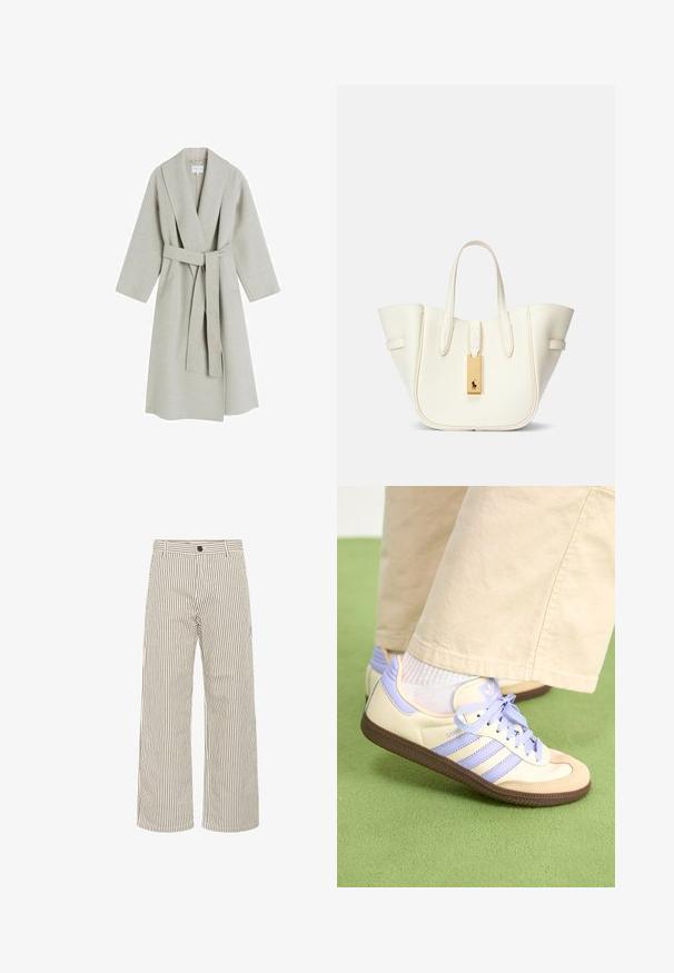 Jasnoszary, długi wełniany płaszcz z szalem, szerokimi rękawami i pasującym paskiem z materiału. Charakteryzuje się minimalistycznym wzornictwem i brakiem widocznych wzorów.; Beżowa koszula na długi rękaw na zatrzaski, z ostro zakończonym kołnierzykiem i małym granatowym haftowanym logo na lewej piersi.; Spodnie o szerokich nogawkach w jasnobeżowym materiale z pionowymi czarnymi paskami. Posiadają talię z szlufkami na pasek i zapięcie na guzik z przodu.; Kremowe i lawendowe trampki z trzema paskami oraz teksturowaną brązową podeszwą, wyposażone w sznurówki i wyścieloną piętę. Górna część z miękkiego materiału.; Biała skórzana torba tote o wyraźnym kształcie, z widocznymi przeszyciami, złotą metką i podwójnymi uchwytami. Teksturowana powierzchnia z bocznymi kieszeniami.