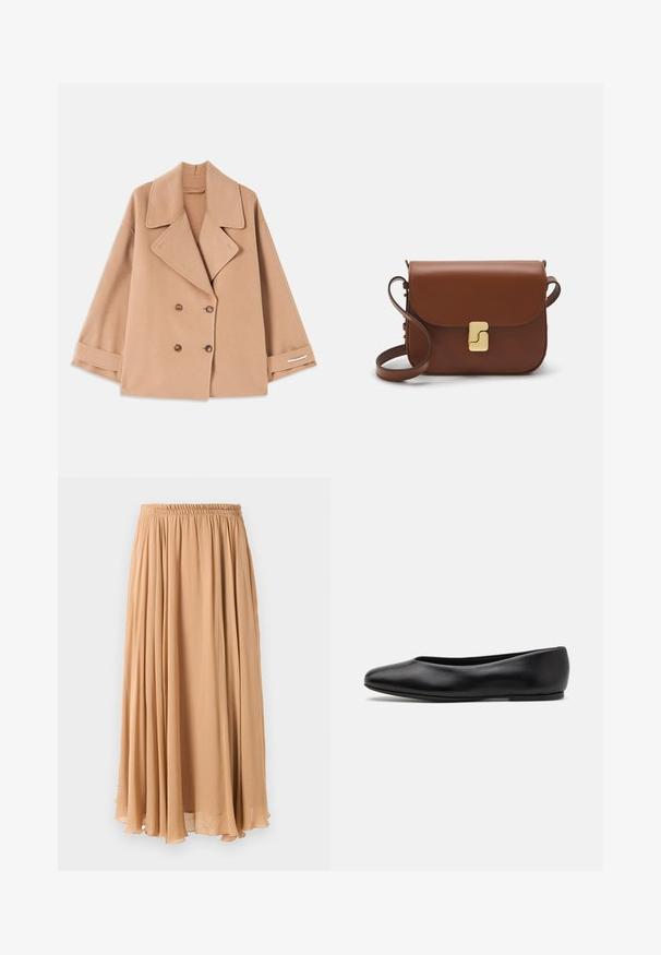 Tan väldesignad dubbelknäppt kappa i mjukt tyg, med stora slag, träknappar och uppvikta ärmar med en vit accentstrip.; Vaalea beige lyhyt neulepusero, jossa on vetoketjukiinnitteinen korkea kaulus. Se esittelee teksturoidun kuosin ja ribbireunat hihoissa ja helmassaan. Yhdistelmä neulotusta ja kudotusta materiaalista.; Maxihame vaaleanbeigeä, valmistettu ilmavasta kankaasta. Siinä on kokoontuva joustavyötärö ja pehmeät poimut liikkumista varten.; Paul Smith TOPANGA - Ballerinat - black; Ruskea nahkainen käsilaukku, jossa on läppäkiinnitys, kultasävyiset yksityiskohdat, olkahihna ja sileä pinta. Kompaktin suorakaiteen muotoinen.