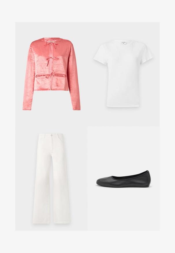Rozā satīna jaka ar strukturētu virsmu, gariem piedurknēm, apaļu dekoltē un priekšpuses saitēm. Aprīkota ar divām priekšējām kabatām.; Balts kokvilnas T-krekls ar apaļu kakla izgriezumu un īsām piedurknēm, tam ir brīvs piegriezums un minimālistisks dizains. Vēl redzama birka pie kakla.; Baltas, augsto jostasvietu platās kājas džinsi, izgatavoti no denima. Iekļauj pogu aizdari, divas priekšējās kabatas un sānu šuves ar šuvju detaļām.; Melna ādas baleta kurpe ar noapaļotu purngalu, gludu tekstūru, minimālu šuvju detalizāciju un elastīgu zoles dizainu.