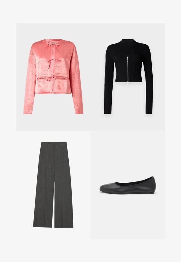 Jachetă roz din satin cu suprafață texturată, mâneci lungi, decolteu rotund și legături în față. Include două buzunare frontale.; Pulover scurt negru, cu nervuri, cu mâneci lungi, guler înalt și un detaliu central cu fermoar metalic. Textură netedă și design ajustat.; Pantaloni cu picioare largi dintr-o țesătură ribbed de culoare gri cărbune, având o talie înaltă și dungi verticale pentru textură și detaliu.; Balerini din piele neagră, cu vârf rotund, textură netedă, detalii de cusătură minimale și un design al tălpii flexibil.