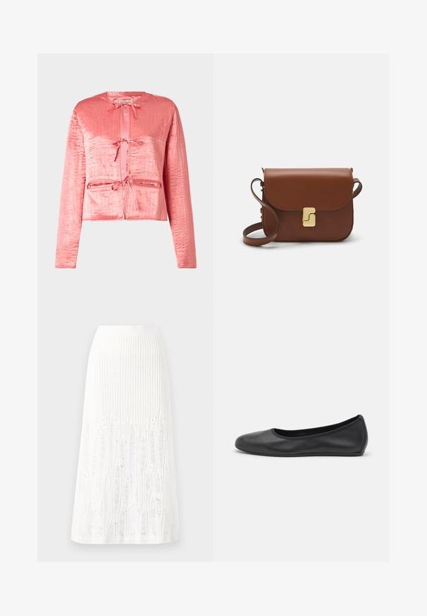 Pink satin jacket with textured surface, long sleeves, a round neckline, and front ties. Features two front pockets.; White short-sleeve t-shirt made of ribbed fabric. Round neckline, regular fit, and subtle stitching details. No patterns or graphics.; Knit white midi skirt featuring a textured pattern with vertical lines and cut-out details near the hem. Elastic waistband. Soft material.; Black leather ballet flat with a rounded toe, smooth texture, minimal stitching detail, and a flexible sole design.; Brown leather handbag with a flap closure, gold-tone hardware, a shoulder strap, and a smooth texture. Compact rectangular shape.
