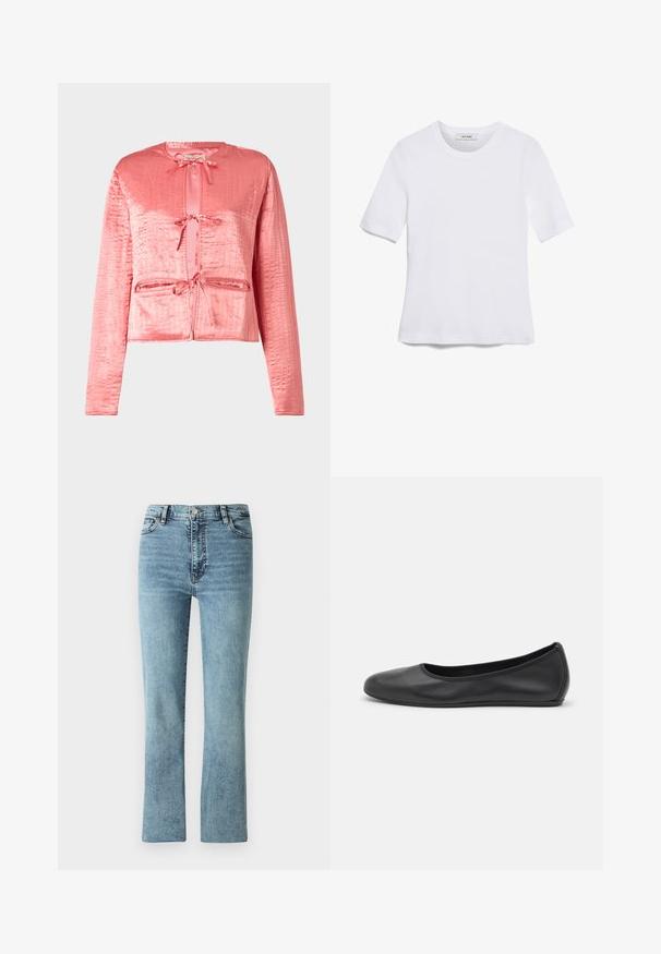 Rosa satinjakke med struktureret overflade, lange ærmer, rund halsudskæring og frontbindinger. Har to frontlommer.; Hvid kortærmet t-shirt lavet af ribbet stof. Rund halsudskæring, almindelig pasform og subtile syninger. Ingen mønstre eller grafik.; Lysblå denim jeans med lige ben design, høj talje og diskrete slidmærker. Har klassisk fem-lomme stil og metalbeslag.; Sort læderballetsko med rund tå, glat tekstur, minimal syning og et fleksibelt såldesign.