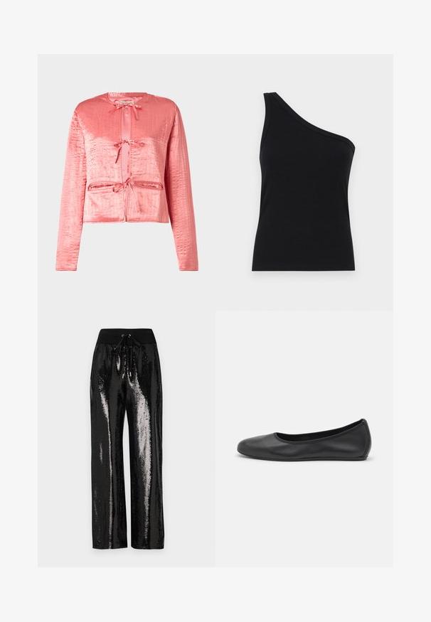 Rosa satinjakke med struktureret overflade, lange ærmer, rund halsudskæring og frontbindinger. Har to frontlommer.; Løsningstanktop med en skulder i sort ribbet stof, der har et tætsiddende design og blød tekstur. Har en ren, minimalistisk skæring og en glat halsudskæring.; Sorte palietterede bukser med vidde i benene og elastisk talje med snor. Stoffet har en reflekterende, skinnende tekstur.; Sort læderballetsko med rund tå, glat tekstur, minimal syning og et fleksibelt såldesign.