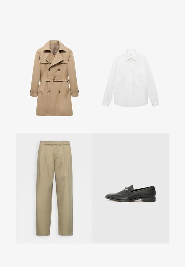 Beige trench coat made of cotton with a double-breasted design, wide lapels, belted waist, and buttoned cuffs. Features two side pockets.; Mango ANTARES - Shirt - white; Beige, high-waisted trousers with a straight cut, featuring a flat front, side pockets, and a smooth, textured fabric.; Black leather loafer with a smooth finish, featuring a stitched design and a decorative metal chain accent across the vamp. Flat heel.