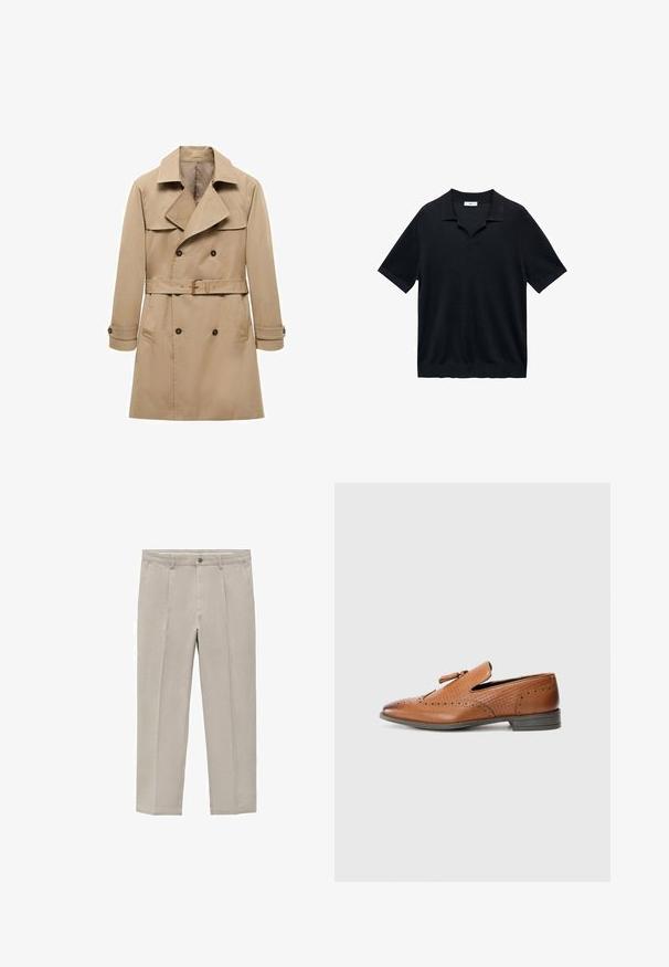 Beige trench coat vyrobený z bavlny s dvouvrstvým designem, širokými klopami, bederním páskem a knoflíkovými manžetami. Má dvě boční kapsy.; Černé polo tričko s krátkým rukávem vybavené výstřihem do V, plochým límečkem a žebrovanou strukturou. Materiál vypadá lehce a hladce.; Světle béžové kalhoty vyrobené z bavlněné směsi, se střihovým designem rovného nohavice, předními záhyby, zapínáním na knoflík a bočními kapsami.; Hnědé kožené boty s perforovaným detailem, texturovanými stranami, plochou podrážkou a ozdobnou mašlí na svršku. Klasický design s hladkým povrchem.