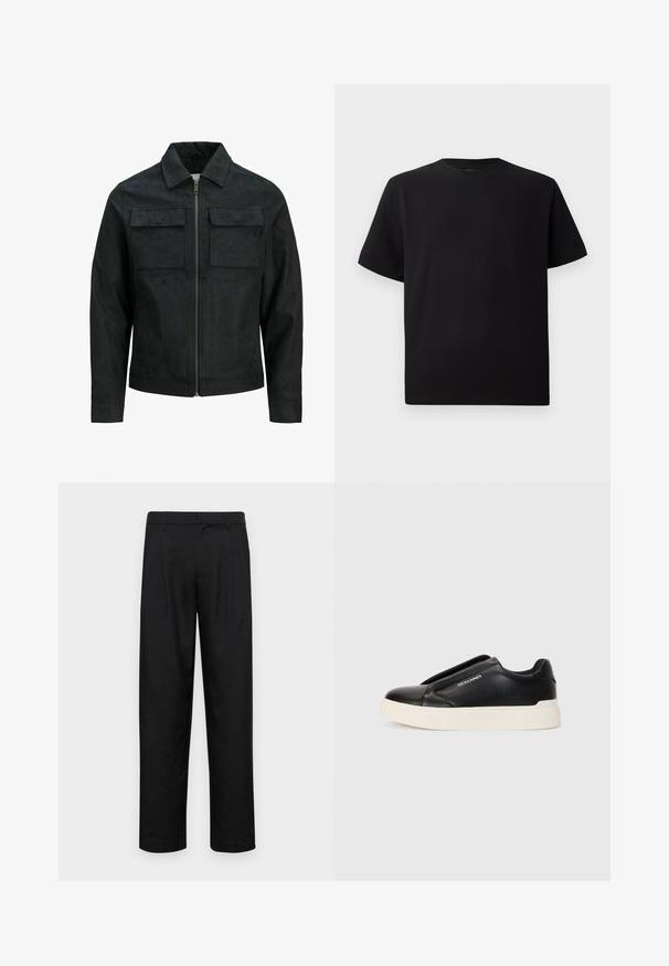 Jack & Jones PREMIUM JJEPAYTON JACKET - Kunstnahast jakk - jet black; Must have lühikeste varrukatega must T-särk, mis on valmistatud tekstuursetest materjalidest, ümmarguse kaelusega ja lõdva lõikega. Lihtne, ilma mustrite või aktsentideta.; Mustad mustadest riietest, millel on sirge jalgade disain, kaks eesmist voltimist ja tavaline vöökoht, millel on vöökohad.; Must musta kingad tekstureeritud nahast pealmise osaga, valge kummist tallaga ja nähtamatute paeltega. Küljel on brändi logo.