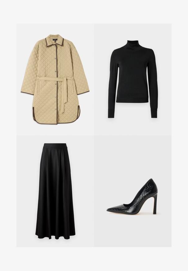 Gepunkteter beiger Mantel mit Kragen, ausgestattet mit braunen Akzenten, Druckknöpfen, Seitentaschen und einem passenden Gürtel. Texturiertes Rautenmuster über die gesamte Oberfläche.; Schwarzer Langarmrollkragenpullover mit gerippten Bündchen und Saum, auf einem schlichten weißen Hintergrund präsentiert.; Schwarzer, bodenlanger Rock mit glatter Textur, weitem Bund und plissiertem Design, ohne sichtbare Muster oder Verzierungen.; Schwarzer, spitz zulaufender High Heel mit Krokodilleder-Struktur, elegantem Design, hohem Stiletto-Absatz und glattem schwarzen Innenraum.