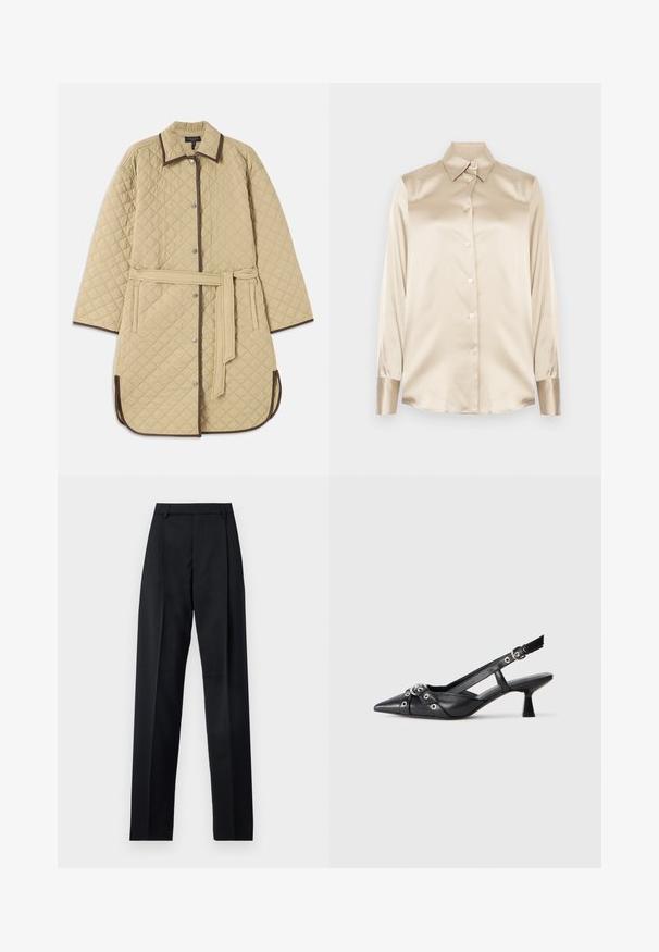 Casaco acolchoado bege com colarinho, apresentando acabamentos castanhos, botões de pressão, bolsos laterais e um cinto a condizer. Padrão em diamante texturizado ao longo de toda a peça.; Camisa de cetim bege com gola pontuda, mangas de comprimento total, fecho de botão e punhos com um acabamento ligeiramente mais brilhante. Sem padrões ou detalhes.; Calças pretas feitas de um tecido suave, com uma cintura alta, pernas largas, pregas frontais e passadores de cinto clássicos. Não há bolsos laterais visíveis.; Sapato slingback em couro preto com biqueira fina, tiras decorativas com ilhós de metal e um pequeno salto quadrado. Superfície texturizada.