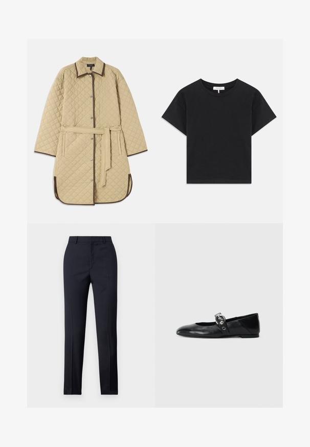Quiltelt bézs kabát, gallérral, barna díszítéssel, patent gombokkal, oldalsó zsebekkel és hozzáillő övvel. Megszerkesztett gyémánt mintázat található a felületen.; Fekete cropped póló, pamutból készült, kerek nyakú, rövid ujjú, egyszerű dizájnnal, minta vagy díszítés nélkül.; Tengerészkék, egyenes szabású, szabott nadrág sima textúrával, két elülső zsebbel és letisztult derékkal.; Fekete bőr balettcipők, hegyes orral, kör alakú fémbújtatóval ellátott pánttal és lapos talppal.