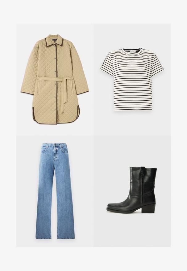 Manteau en beige matelassé avec un col, présentant des bordures marron, des boutons-pression, des poches latérales et une ceinture assortie. Motif en losanges texturé sur toute la surface.; T-shirt en coton à manches courtes avec un col rond, présentant des rayures verticales noires sur un fond blanc et un design à coupe droite.; Jeans en denim bleu clair avec une coupe large, cinq poches, passants de ceinture et fermeture à bouton. Le tissu a une texture lisse.; Bottine en cuir noir avec un bout rond, un talon carré, une fermeture éclair sur le côté et des coutures décoratives sur l'empeigne. Texture lisse, design classique.
