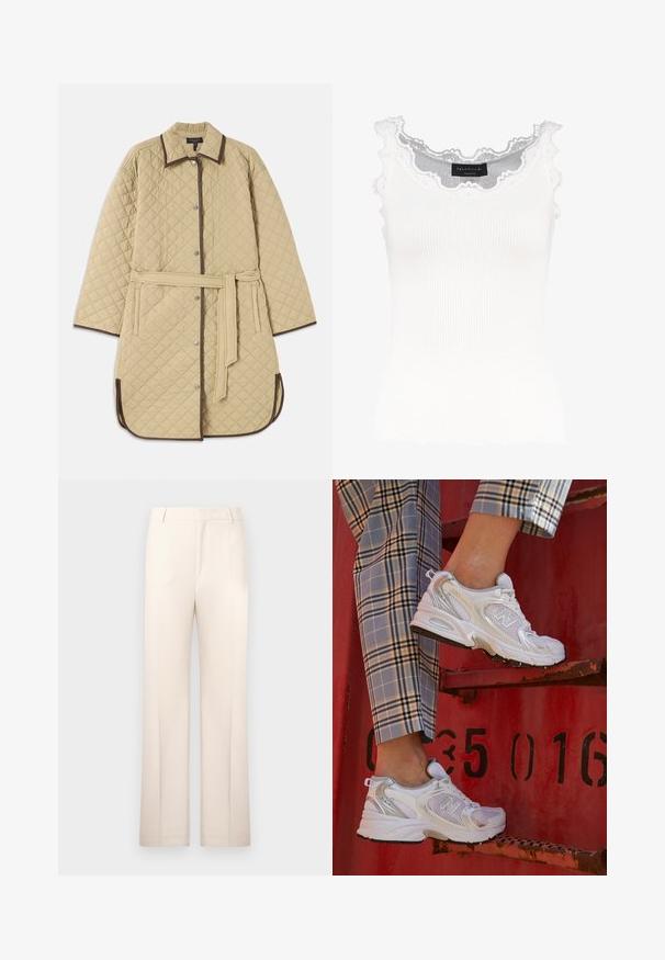 Manteau en beige matelassé avec un col, présentant des bordures marron, des boutons-pression, des poches latérales et une ceinture assortie. Motif en losanges texturé sur toute la surface.; Débardeur blanc à côtes avec dentelle au niveau de l'encolure et des manches. Présente une texture douce et une coupe ajustée. Étiquette de la marque visible à l'intérieur.; Pantalons beige ajustés avec une coupe droite, fabriqués en tissu léger. Dotés de plis avant et d'une taille classique.; Baskets blanches en mesh avec des accents argentés et une semelle texturée, posées sur une surface rouge, assorties à un pantalon à carreaux.
