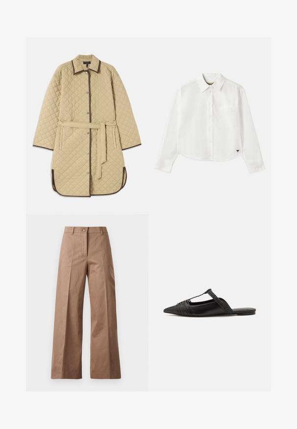 Bež kaput s kvadratnim uzorkom, s ovratnikom, smešnim obrubom, kopčama na dugmad, bočnim džepovima i odgovarajućim remenom. Teksturalni dijamantni uzorak kroz cijeli kaput.; Bijela skraćena košulja dugih rukava napravljena od pamuka. Ima gumb za zatvaranje sprijeda, džep na prsima i mali crni logotip na donjem lijevom dijelu.; Smeđe hlače širokih nogavica od glatkog materijala, s prednjim zatvaračem na dugme, dvjema prednjim džepovima i čistim, oblikovanim linijama.; Crne kožne cipele s remenom oko pete i šiljastim vrhom, s pletenim naglaskom i nabranim gornjim dijelom. Ravni đon s minimalnim hardverom.