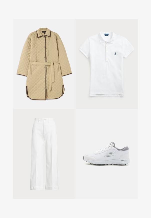 Kvadriidiga beež mantel kraega, millel on pruunid äärised, nööbid, küljetaskud ja sobiv vöö. Tekstuuriga ruuduline muster üle terve mantli.; Valge puuvillane polo särk, millel on klassikaline krae, lühikesed varrukad ja sinine brodeeritud logo vasakul rinnal. Viie nupuga vool.; Valged laiad pükse kõrge vöökohaga, mis on varustatud nööpkinnipidamise ja peente õmblusdetailidega. Valmistatud puuvillast, millel on sile tekstuur.; Valged spordisussid tekstuurses võrgusüvas, hõbedased detailid ja kerge tallaga, kus on väikesed haardepunktid, märgitud "ULTRA FLIGHT."