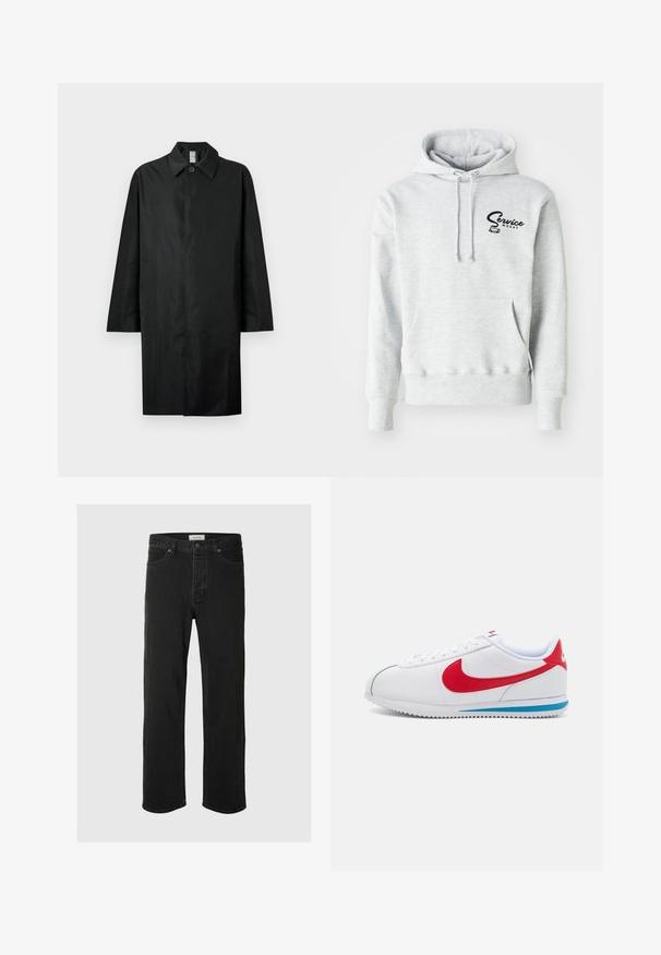 Manteau noir long avec un col classique, un bouton visible unique au niveau du cou, des poches latérales et une fermeture frontale dissimulée.; Haut à capuche gris en tissu doux, doté d'une poche avant, d'une capuche avec cordon et d'un logo noir "Service Works" sur la zone de la poitrine gauche.; Des jeans en denim noir à coupe droite disposent d'un design classique à cinq poches avec fermeture à bouton, de coutures minimales et d'une texture douce.; Baskets blanches avec des accents rouges, dotées d'une tige en cuir lisse, d'un bout rond et d'une semelle bleue. Design à lacets avec des détails de couture visibles.