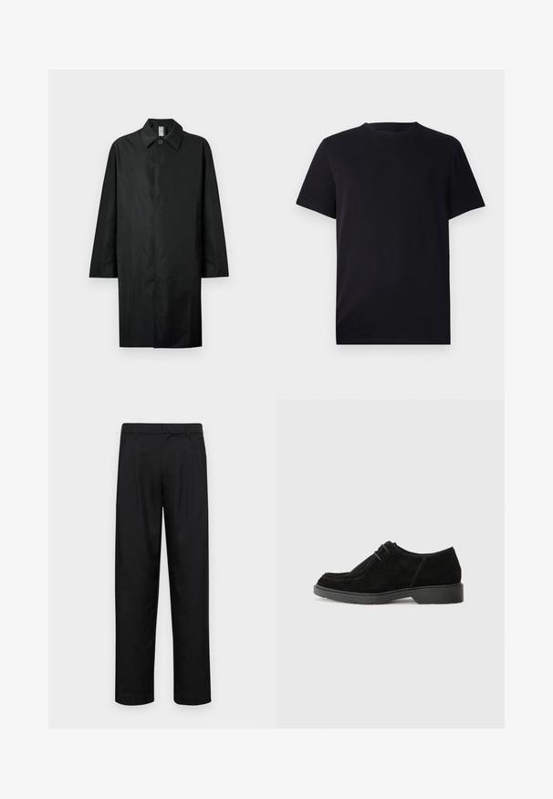 Crni dugi kaput s klasičnim ovratnikom, jednim vidljivim dugmetom na vratu, bočnim džepovima i skrivenim prednjim zatvaračem.; Crna majica s kratkim rukavima izrađena od glatkog pamuka, s okruglim izrezom i klasičnim krojem bez uzoraka ili vidljivih dijelova.; Crne hlače od glatkog materijala, s dizajnom ravnih nogavica, dva prednja nabora i standardnim pojasom s petljama za remen.; Crne sued kože cipele s okruglim vrhom, kontrastnim šivom i gumenom potplatom. Ima minimalno vezanje i glatki gornji dio.