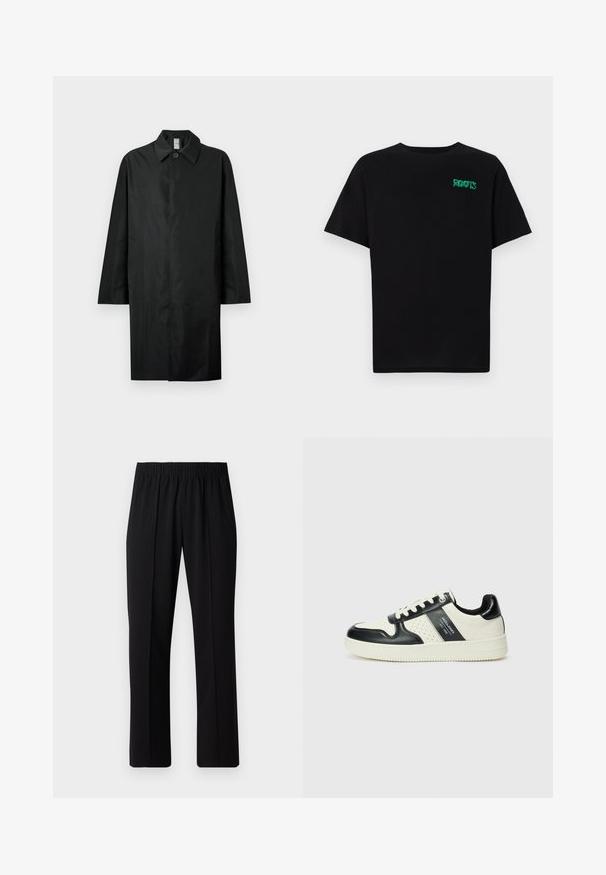 Black long coat with a classic collar, single visible button at the neck, side pockets, and concealed front closure.; Black t-shirt made of cotton with short sleeves. Features a green "ROOTS" logo on the front, round neckline, and standard fit.; Black, elastic-waist trousers with a straight-leg design, featuring a smooth texture and no visible patterns or hardware.; Leather sneakers with a black and cream color scheme, featuring perforated accents, a padded collar, and a textured outsole.
