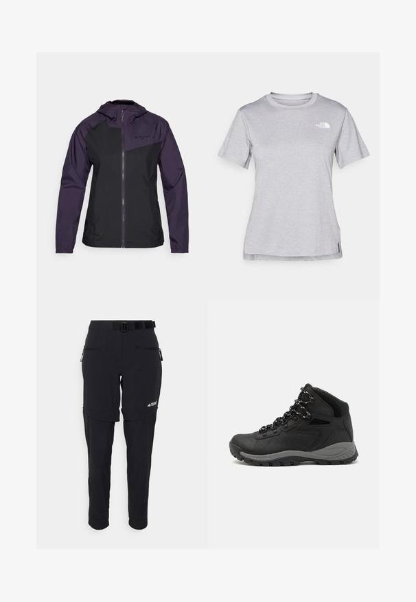 Juodas ir purpurinis lengvas džemperis, užtrauktuku priekyje, su kapišonu ir elastingomis apykaklėmis. Yra logotipas krūtinėje, lygi tekstūra ir sportiškas dizainas.; Pilkas trumpomis rankovėmis marškinėliai, pagaminti iš minkštos, drėgmę sugeriančios medžiagos. Turi apvalią iškirptę ir mažą baltą logotipą viršutiniame kairiajame kampe.; Juodi lauko kelnių modeliai su reguliuojamu diržu, užtraukiamomis kišenėmis, siaurėjančiomis kojomis ir elastingais apvadu, sukurti universalumui ir patogumui.; Juodas žygio botas su vidutinio aukščio dizainu, pasižymintis tekstūruota viršutine dalimi, pilkų akcentų ir patvaria guma padanga su sukibimo gumbais.