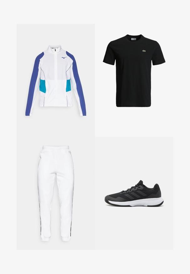 Chaqueta blanca con cremallera y detalles en púrpura y verde azulado, con un cuello alto y puños elásticos. Tela suave con un diseño deportivo.; Camiseta de algodón negra con cuello redondo, mangas cortas y un pequeño logo de cocodrilo verde en el lado izquierdo del pecho. Textura suave, diseño casual.; Pantalones de chándal blancos con cintura elástica, que cuentan con franjas laterales negras y puños. Hechos de un tejido suave con una textura lisa.; Zapatilla deportiva negra con una parte superior texturizada, tres franjas horizontales y una suela blanca con un dibujo en su superficie. Diseño ligero y aerodinámico.