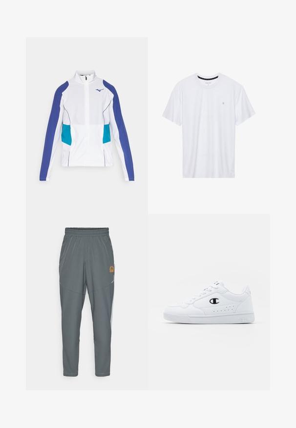 Weiße Kapuzenjacke mit lila und türkisfarbenen Akzenten, hohem Kragen und elastischen Bündchen. Glattes Material mit sportlichem Design.; Weißes Crewneck-T-Shirt aus Baumwolle, mit kurzen Ärmeln und einem kleinen, auf der linken Brustseite gestickten Logo. Weiche Textur.; Graue Sporthosen mit einem elastischen Bund, tapered Design, reflektierenden Akzenten und einem kleinen gelben Logo auf dem linken Oberschenkel.; Weißes sportliches Sneakerpaar mit glattem, synthetischen Obermaterial, schwarzem Logo-Akzent und perforierten Details an der Seite. Gummisohle.