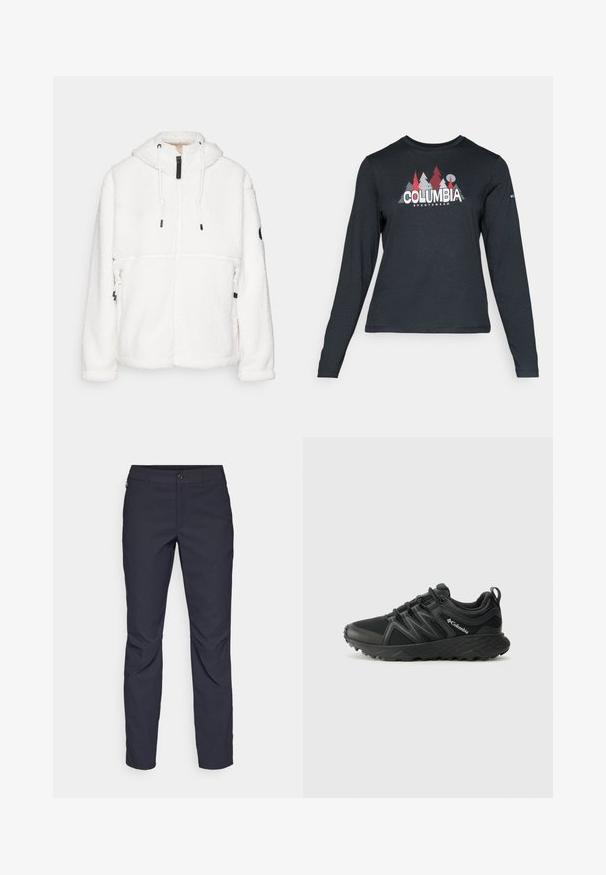 Biała polarowa kurtka z kapturem, z zamkiem błyskawicznym, regulowanymi sznurkami, kieszonkami po bokach i czarnymi akcentami. Teksturowany, ciepły materiał.; Długie rękawy, ciemnoszara koszula z grafiką czerwonych drzew i gór; logo "COLUMBIA" w wyraźnym białym tekście. Miękka tkanina, standardowy okrągły dekolt.; Granatowe spodnie wykonane z gładkiego materiału, z zapięciem na guziki z przodu, wąskim kroju oraz detalami w postaci prasowania na kolanach.; Columbia PEAKFREAK czarny