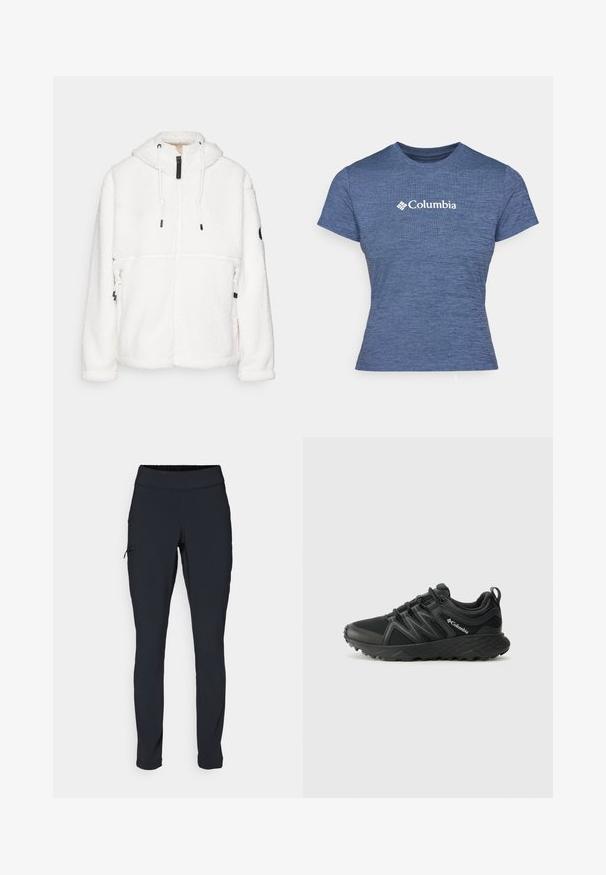 Valge fliisjakki kapuutsiga, millel on lukuga sulgemine, reguleeritavad stringid, küljetaskud ja mustad aktsendid. Tekstuuriga soe materjal.; Sinine lühikeste varrukatega t-särk, mis on valmistatud tekstureeritud kangast, millel on rinnal valge Columbia logo, ümmargune kaelus ja liibuva disainiga.; Mustad mustad sportpüksid kitsaste lõikega, elastse vöökoha ja küljetaskuga, millel on tõmblukk. Sile, veniv kangas minimaalsete õmblustega.; Columbia PEAKFREAK - Matkajalatsid - black