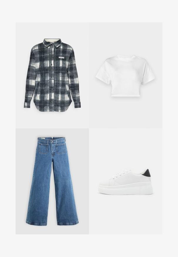 Karo košulja od flanela u crnoj, bijeloj i sivoj boji. Ima dugmad sprijeda, kragnu, bočne džepove i logo pečat na prsima.; Bijela skraćena majica od pamuka. Kratki rukavi, okrugli izrez, glatka tekstura, ležeran dizajn bez uzoraka ili ukrasa.; Plave traperice s visokim strukom, širokih nogavica, prednjim zakrpama, petljama za remen, zatvaranjem na gumb i patentnim zatvaračem na jednoličnoj pozadini.; Bijele platforme tenisice napravljene od glatkog sintetičkog materijala, s okruglim vrhom, dizajnom s vezanjem i teksturiranom gumenom potplatom. Crni detalj na peti.