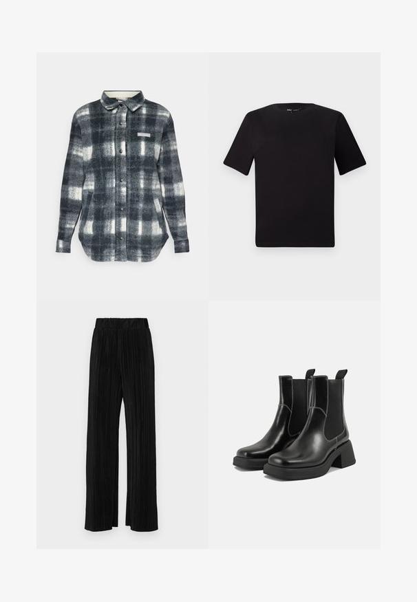 Camisa de flanela xadrez em tons de preto, branco e cinza. Apresenta um fecho de botão na parte da frente, colarinho, bolsos laterais e um logótipo no peito.; T-shirt preta de mangas curtas com decote redondo, feita de tecido de algodão suave. Design simples, sem logótipos ou padrões visíveis.; Calças pregueadas pretas com uma cintura elástica. Apresentam pernas largas e um tecido liso, texturizado com riscas verticais.; Botas Chelsea em couro preto com um salto grosso, painéis laterais elásticos e costura branca em contraste. Acabamento texturizado.
