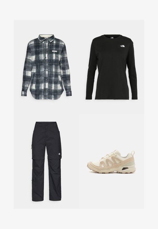 Plaid flannel shirt in black, white, and gray tones. Features a button-up front, collar, side pockets, and a logo patch on the chest.; Black long-sleeve t-shirt made of cotton with a round neck. Features a small white logo on the left chest area. Simple design and fit.; Black nylon zip-off cargo trousers with adjustable cuffs, multiple pockets, and a logo on the right leg. Smooth, lightweight texture.; Beige and cream athletic shoe with textured mesh upper, supportive overlays, and rubber outsole featuring a tread pattern for traction.