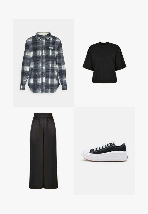 Camisa de franela a cuadros en tonos negro, blanco y gris. Presenta un cierre frontal con botones, cuello, bolsillos laterales y un parche con logo en el pecho.; Camiseta corta negra de algodón. Cuenta con mangas cortas y un escote redondo. Textura suave con un diseño sencillo, sin patrones adicionales.; Pantalones negros de pierna ancha hechos de una tela suave y brillante, con una cinturilla elástica y sin bolsillos visibles ni detalles de metal.; Zapatillas de lona negras con cordones blancos, puntera de goma blanca y una suela blanca gruesa. Presenta costuras blancas sutiles y una suela de goma.