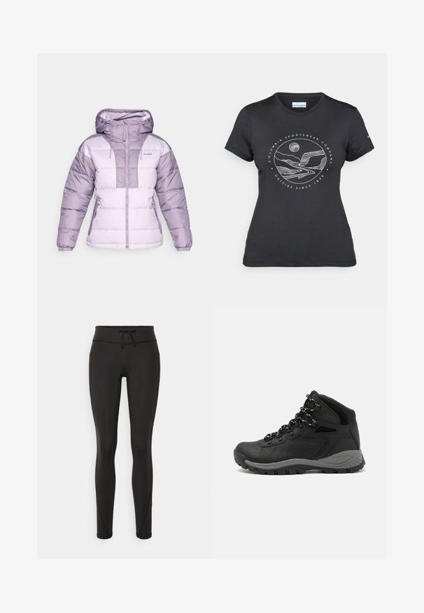 Ljuslila pufferjacka med huva, med dragkedja fram, sidofickor och ett blockmönster i mörkare lila nyanser.; Svart Columbia-t-shirt med vit cirkulär linjekonst av berg och flod samt texten "Columbia Sportswear Company Outside Since 1938."; Svarta leggings med hög midja, snörning, slät textur och figurnära design. Har sömnadsdetaljer längs sidorna.; Svart vandringskänga med mellanhög design, som har en texturerad överdel, grå accenter och en slitstark gummisula med greppklackar.