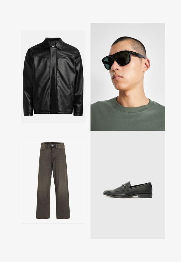 Veste en cuir noir avec un col pointu, une fermeture éclair à l'avant et deux poches latérales. Texture lisse et design minimaliste sans logo visible.; T-shirt marron à manches courtes en coton, avec un graphique de soleil rose et le texte "SOLAR" sur la poitrine gauche. Design à col rond.; Jean large en denim gris foncé, avec une taille haute, un design classique à cinq poches et des coutures contrastantes le long des coutures.; Mocassin en cuir noir avec une finition lisse, présentant un design cousu et une accent décoratif en chaîne métallique sur le rand. Talon plat.; Lunettes de soleil rectangulaires noires avec des verres foncés, présentant une forme distinctive et un logo sur la branche. Portées par une personne en chemise verte.