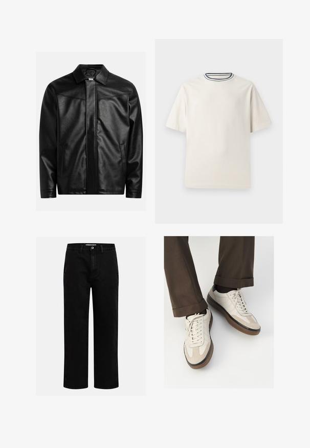 Sort læderjakke med spids krave, frontlynlås og to sidelommer. Glat tekstur og minimalistisk design uden synlig branding.; Cremefarvet bomulds t-shirt med korte ærmer, der har en rund halsåbning accentueret med marineblå og hvide striber. Glat tekstur, afslappet pasform.; Sorte denimbukser med lige pasform, klassisk fem-lomme design og knaplukning i taljen. Glat tekstur og holdbart stof.; Beige sneakers med en struktureret ruskind front, glatte lædersider og en brun gummisål. Snørebånd og let stikning er inkluderet.