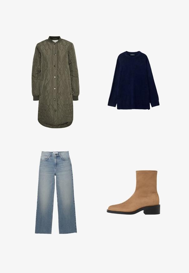 Gevoerde lange jas in olijfgroen, met een ronde kraag, drukknoopsluiting en ribgebreide manchetten. Glad, textuurstof met een ruitpatroon.; Marineblauwe gebreide trui met een ronde hals en lange mouwen. Heeft een losse pasvorm en een geribbelde zoom. Zachte textuur met minimale details.; Lichtblauwe wijdleg jeans van denim, met een hoge taille, voorzakken en een knoopsluiting. Soepele textuur met vervaagde gebieden.; Tan suède enkellaars met een vierkante neus, lage blokhak en naadloos ontwerp. Heeft subtiele stiksels langs de randen.