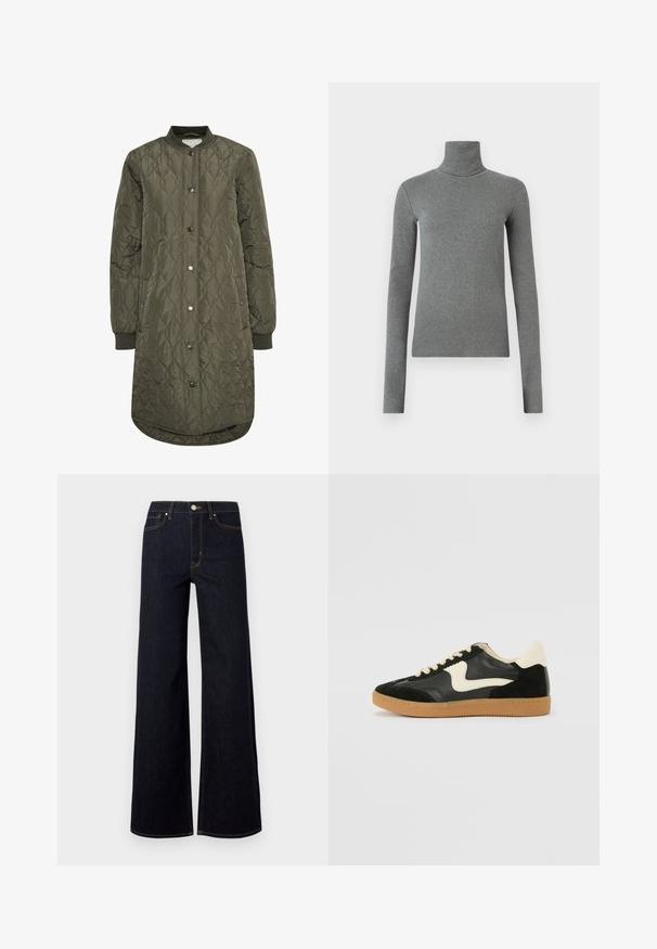 Pufasti dugi kaput u maslinastoj zelenoj boji, s okruglim ovratnikom, zatvaranjem na pritisak i rebrastim rukavima. Glatka, teksturirana tkanina s dijamantnim uzorkom.; Sivi rolak majica izrađena od glatkog, rastezljivog materijala. Dugi rukavi, prilagođenog kroja, minimalne teksture, bez vidljivih uzoraka ili dodataka.; Tamno plave široke traperice izrađene od denima, s visokim strukom, kontrastnim šavovima i jednim metalnim gumbom sprijeda.; Crna nubuk i kožna tenisica s kremastim bočnim swooshom i svijetlom kremastom petom. Sadrži bež vezice i gumu na potplatu.