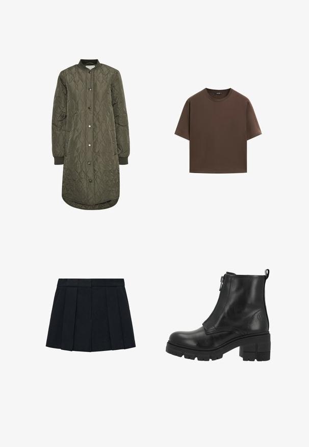 Gevoerde lange jas in olijfgroen, met een ronde kraag, drukknoopsluiting en ribgebreide manchetten. Glad, textuurstof met een ruitpatroon.; Bruine katoenen t-shirt, korte mouwen, ronde hals, relaxte pasvorm, gladde textuur, minimalistisch ontwerp, geen zichtbare patronen of accenten.; Zwarte geplooide rok van een stof met een gladde textuur. Beschikt over een gestructureerde tailleband en meerdere verticale plooien voor definitie.; Zwarte leren enkellaars met een zijrits, dikke zool en blokhak. Heeft subtiele stiksels en een logo aan de buitenzijde.