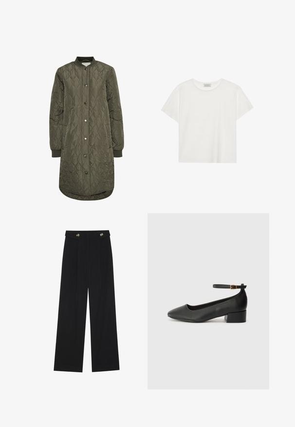 Quiltet lang jakke i olivengrøn, med rund krave, trykknaplukning og ribbede manchetter. Glat, struktureret stof med diamantmønster.; Hvid kortærmet T-shirt lavet af blødt bomuld. Har en rund halsudskæring og en afslappet pasform. Rent design uden synlige mønstre eller accenter.; Sorte vide bukser med høj talje, knapdetaljer på taljebåndet og frontfald.; Sorte læderpumper med spids tå og en lav blokhæl. Har en ankelrem med en guldfarvet spænde. Glat tekstur.